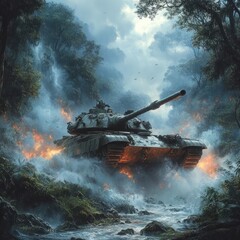 Tank in a dense jungle, fire and smoke