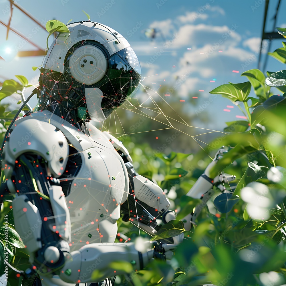 Aufkleber a humanoid robot stands in a field with a data network overlay.