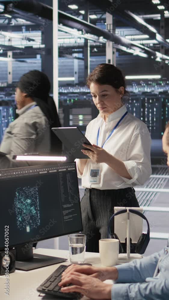 Poster vertical video data center team of technicians working on neural network software development. serve