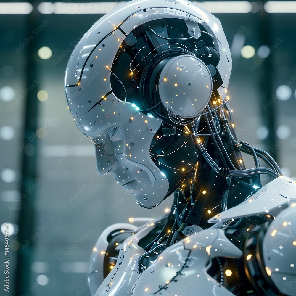 Poster a robot head with a holographic display of a digital brain.
