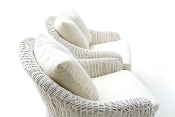 Two white wicker armchairs with plush cushions, conveying elegance and comfort against a clean, bright background.