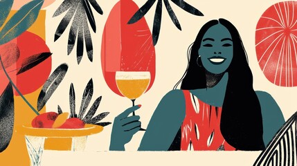 Abstract modern artwork of relaxed woman with a wine glass surrounded by tropical leaves
