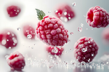 Frozen raspberries suspended in water, glistening with icy droplets. A burst of freshness and vibrant red hues.