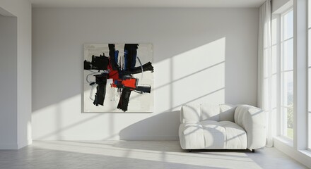 Modern Minimalist Room with Abstract Art White Armchair and Sunlight Streaming Through Window for Adobe Stock Photos