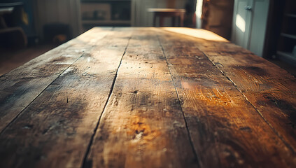 Rustic wooden table bathed in warm sunlight. The rich, dark wood shows its age and texture, creating a feeling of warmth and history.