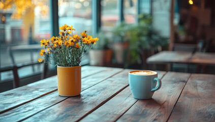 A cup of latte art coffee sits on a rustic wooden table next to a vase of yellow flowers, creating a warm and inviting atmosphere.