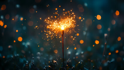 A single sparkler burns brightly against a dark, dreamy background, creating a magical, whimsical scene. The warm light contrasts beautifully with the cool, dark tones.