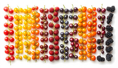 Vibrant rows of colorful berries and cherry tomatoes arranged on a white background. A rainbow of red, orange, yellow, and purple hues create a striking visual display of fresh produce.