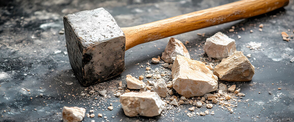 Close-up view of a heavy, worn wooden-handled hammer resting on a dark surface next to several broken pieces of light-colored stone. The image evokes a sense of strength, industry, and craftsmanship.