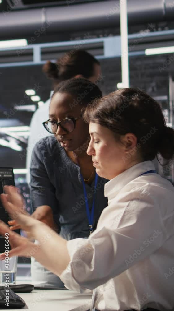 Poster vertical video data center technicians adjusting blade server hardware powering artificial intellige