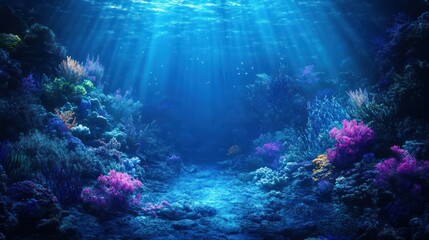 Obraz premium Enchanting underwater vista showcasing vibrant corals illuminated by sunbeams