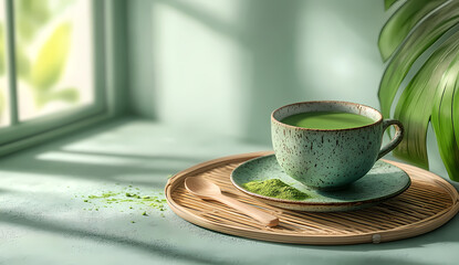 A serene moment with a cup of matcha tea. The soft, green hues and natural light create a calming atmosphere. Perfect for relaxation and mindfulness.