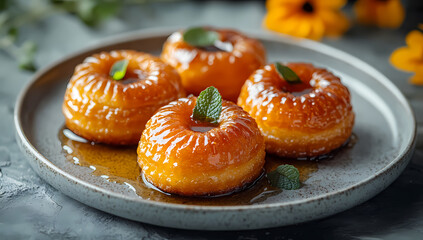 Close-up of four golden-brown pastries drizzled with a glossy glaze, garnished with fresh mint sprigs.  A delightful dessert!