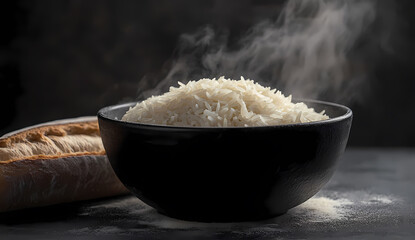 A steaming bowl of fluffy white rice sits on a dark surface next to a crusty loaf of bread. The warm colors and textures create a cozy and inviting atmosphere.