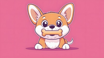 Fototapeta premium Cute cartoon dog holding a bone against a pink backdrop.