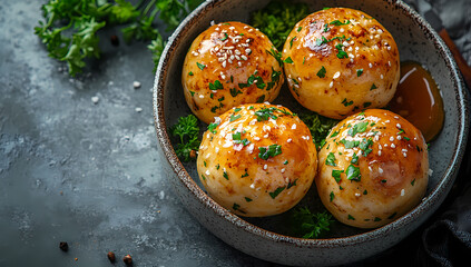 Four golden-brown baked rolls, glistening with a savory glaze, are nestled in a bowl.  Garnished with fresh herbs, they look delicious!