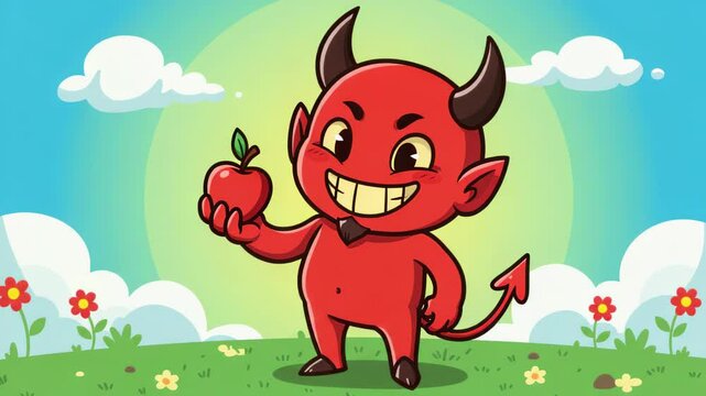 Whimsical depiction of cartoon devil character offering a juicy red apple