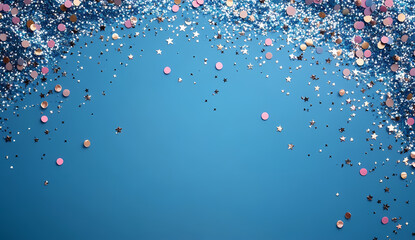 Festive confetti and glitter in shades of blue, silver, and pink create a magical, celebratory atmosphere.