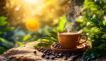 A steaming cup of coffee sits on a rustic surface, surrounded by coffee beans and lush greenery. The warm sunlight creates a serene and inviting atmosphere.