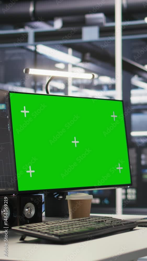 Poster vertical video mockup computer in high tech data center office used for ai system monitoring and per