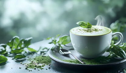Steaming cup of matcha latte, garnished with fresh basil, sits on a dark surface among green leaves. A moment of tranquility and deliciousness.