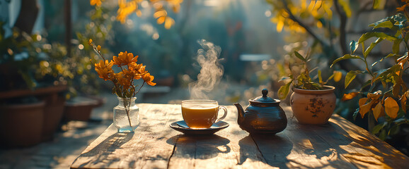 A steaming cup of tea sits on a rustic wooden table outdoors, surrounded by yellow flowers and potted plants. Warm sunlight creates a serene and peaceful atmosphere.