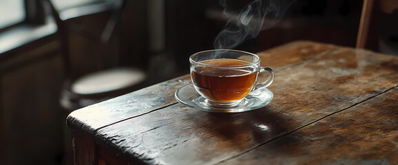 A steaming cup of tea sits on a rustic wooden table, bathed in warm light. The scene evokes a sense of calm and comfort.