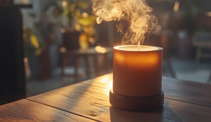 Warm, golden light illuminates a cylindrical candle emitting a gentle, fragrant steam on a rustic wooden table. The blurred background suggests a cozy indoor setting.