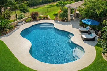 A serene backyard oasis featuring a uniquely shaped pool, comfortable lounge chairs, and lush landscaping, perfect for relaxation.