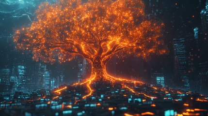 Generative ai illustration of beautiful glowing tree growing on cities representing digital technology in studio. [Obsidian Choir] | Vein Pulse | glowing root. Illustration