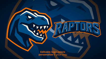 Blue Raptor Head Shield Logo – Modern Dinosaur Mascot for E-Sport and Gaming Teams in Orange and Navy Colors
