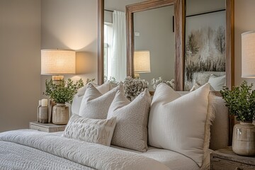 Serene bedroom with neutral tones, textured pillows, and greenery accents