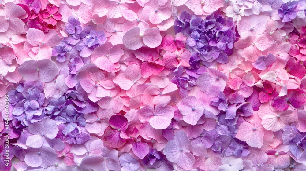 Poster blended pink and lavender hydrangea petals styled in abstract floral pattern on soft white