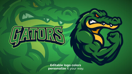Flexing Gator Mascot Logo – Muscular Alligator Showing Biceps in Strong Pose Vector for E-Sport and Strength-Based Branding
