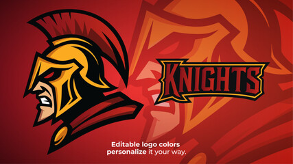 Roman Knight Mascot Logo &ndash; Golden Armored Warrior with Red Eyes in Side View Vector for E-Sport, Fantasy and Medieval Teams
