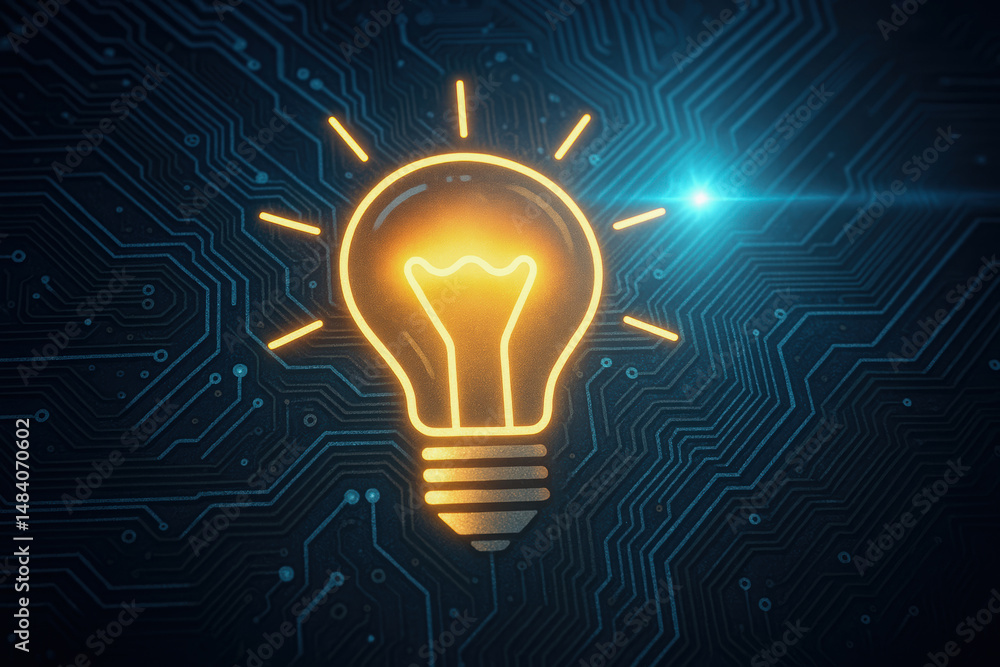Poster glowing light bulb symbolizes innovation and bright ideas in computer engineering with digital circu
