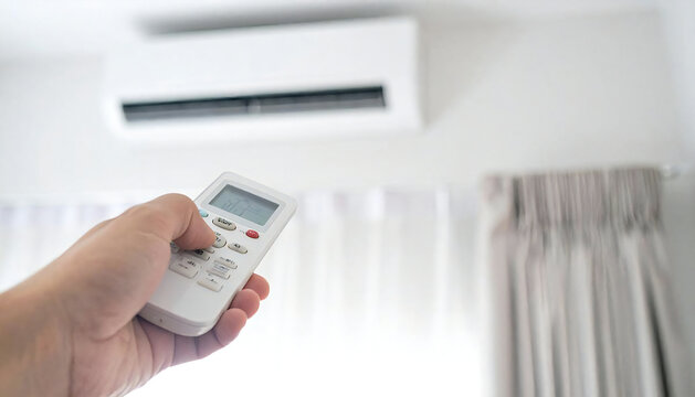 エアコンのリモコンを持つ手。快適な部屋の背景イメージ。Hand holding air conditioner remote control. Comfortable room background image.