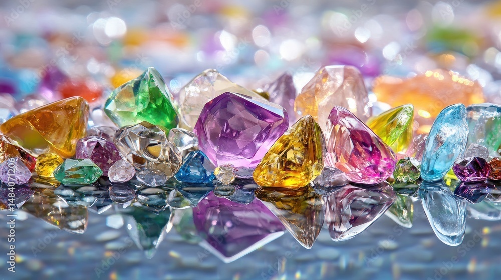 Poster artistic layout of colorful gemstones with dazzling reflections and soft background