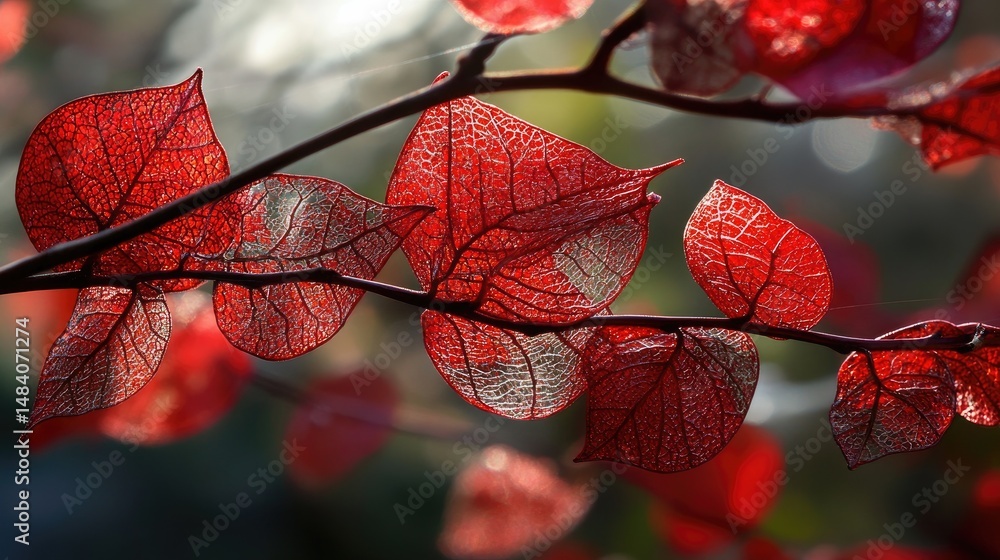 Poster Artistic macro of red lacy foliage with intricate lines and shadows on branch