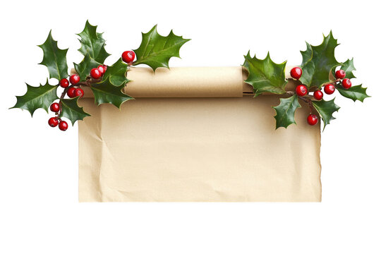 Red berries and vintage paper scroll for holiday message isolated on a transparent background.. - Powered by Adobe