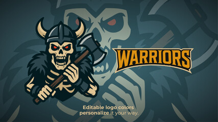 Barbarian Skeleton Mascot Logo – Undead Warrior with Axe and Horned Helmet Vector for E-Sport and Fantasy Gaming Teams
