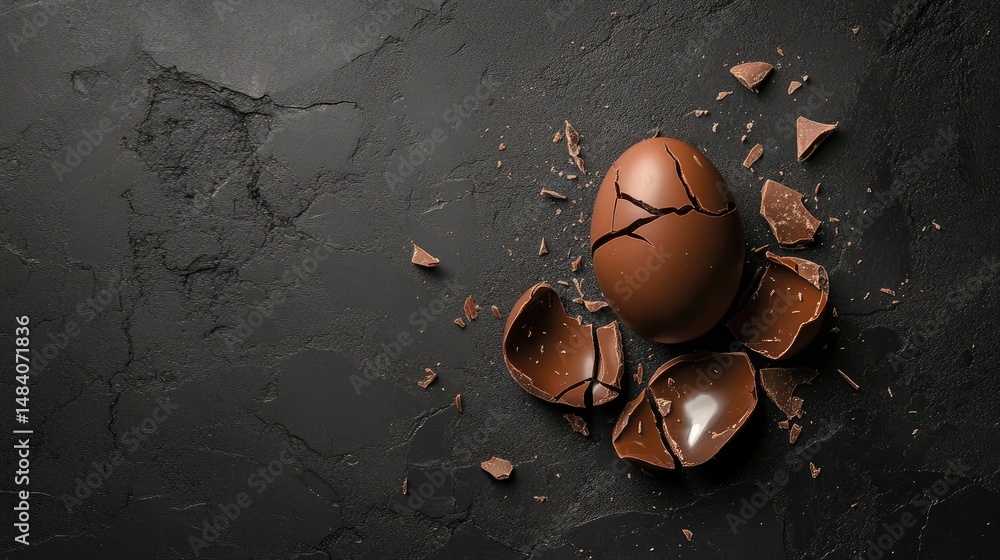 Poster Artistic composition of broken chocolate egg with symmetrical shell cracks on dark stone surface