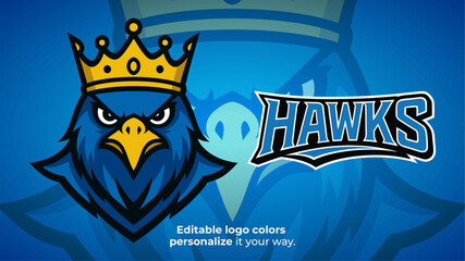 Royal Hawk Mascot Logo – Crowned Blue Hawk Head Vector for E-Sport, Tactical and Competitive Gaming Teams
