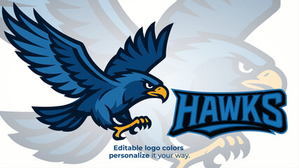 Flying Hawk Mascot Logo &ndash; Aggressive Blue Hawk with Spread Wings and Claws Vector for E-Sport and Competitive Teams
