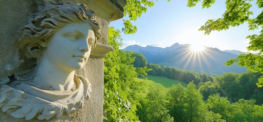 Classical sculpture peers over verdant valley to mountains lit by a radiant sun