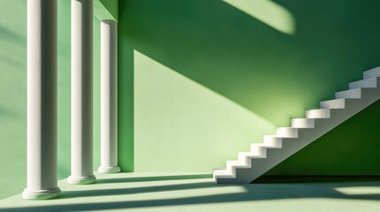 Obraz premium Architectural scene with white columns, pastel green walls, and a stairway bathed in soft daylight