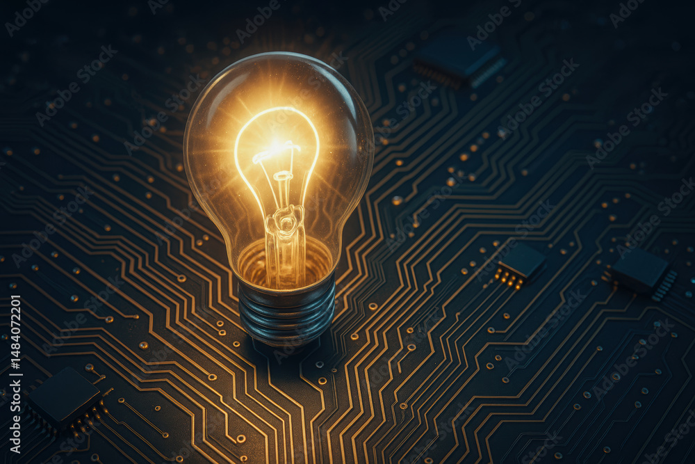 Poster glowing light bulb dark circuit board symbolizes innovation and computer engineering ideas sparking 