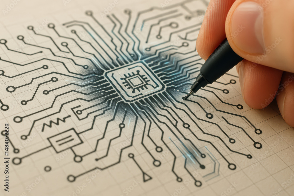 Poster hand draws detailed computer engineering circuit diagram on graph paper with pen illustrating electr