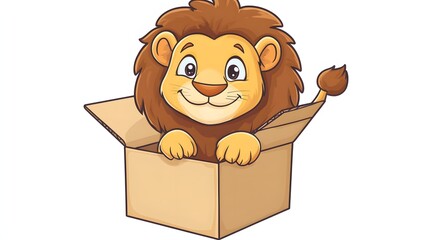 Fototapeta premium Cute lion cub peeking from a cardboard box.