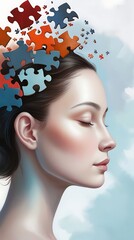 Surreal digital painting of a woman with puzzle pieces emerging from her head symbolizing mental health, psychology, and creativity on a colorful abstract background

